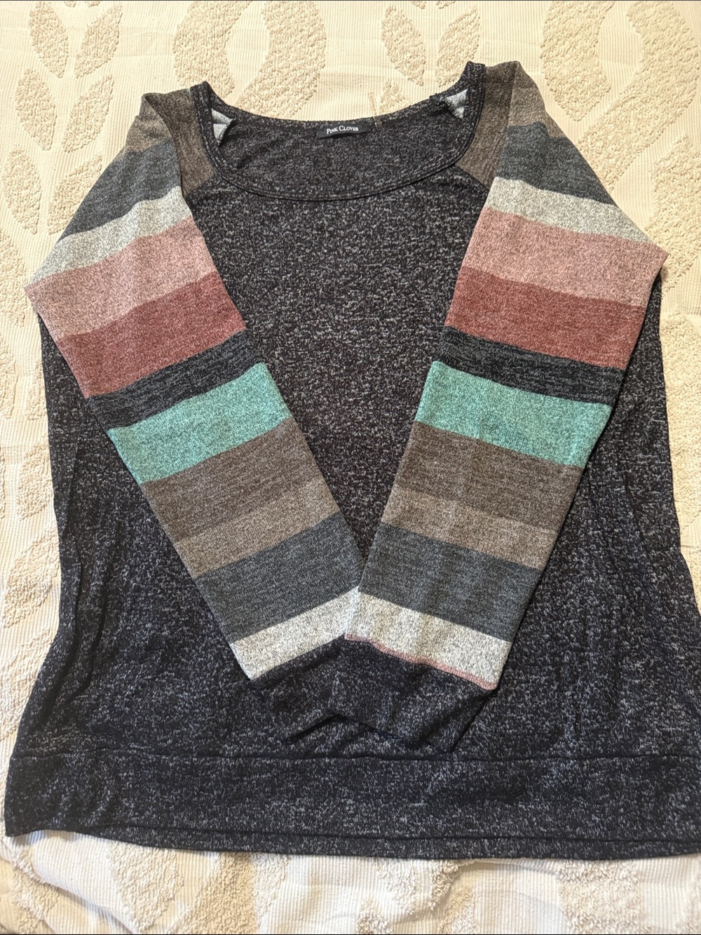 Pink Clover Black Sweater with Multicolor Striped Sleeves
